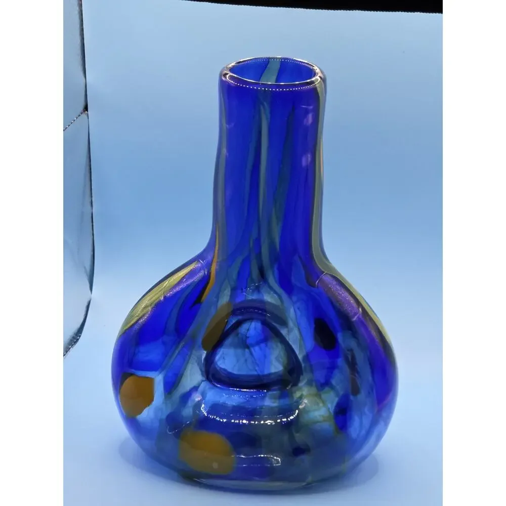 Signed Romanian Art Glass Vase Cobalt Blue Yellow Blown Studio Glass Vintage MCM